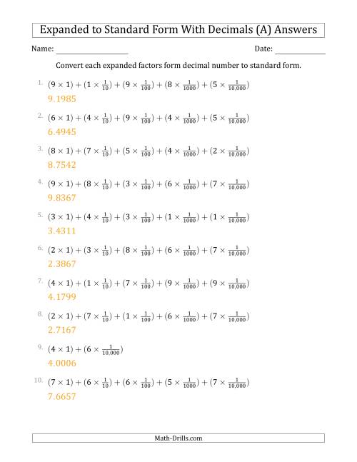 The Converting Expanded Factors Form Decimals Using Fractions to Standard Form (1-Digit Before the Decimal; 4-Digits After the Decimal) (A) Math Worksheet Page 2
