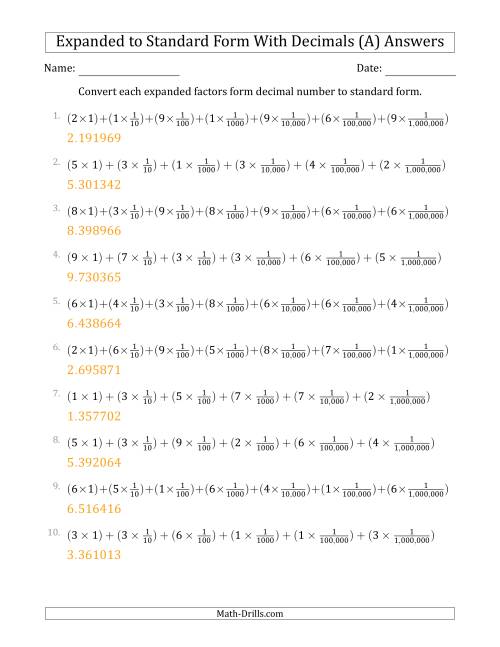 The Converting Expanded Factors Form Decimals Using Fractions to Standard Form (1-Digit Before the Decimal; 6-Digits After the Decimal) (A) Math Worksheet Page 2