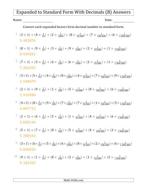 The Converting Expanded Factors Form Decimals Using Fractions to Standard Form (1-Digit Before the Decimal; 6-Digits After the Decimal) (B) Math Worksheet Page 2