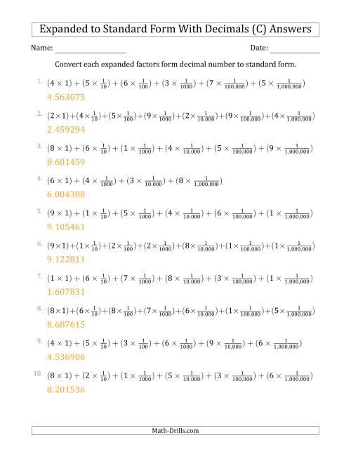 The Converting Expanded Factors Form Decimals Using Fractions to Standard Form (1-Digit Before the Decimal; 6-Digits After the Decimal) (C) Math Worksheet Page 2