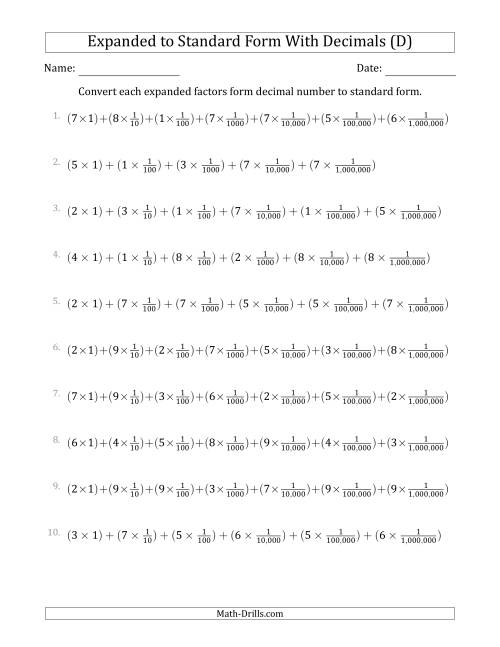 The Converting Expanded Factors Form Decimals Using Fractions to Standard Form (1-Digit Before the Decimal; 6-Digits After the Decimal) (D) Math Worksheet