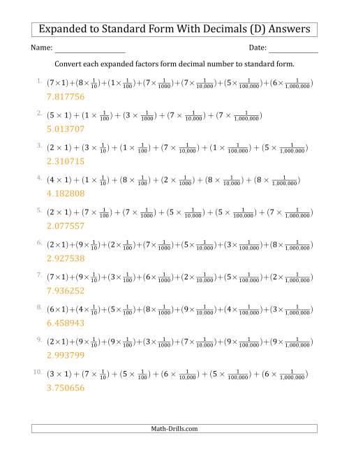 The Converting Expanded Factors Form Decimals Using Fractions to Standard Form (1-Digit Before the Decimal; 6-Digits After the Decimal) (D) Math Worksheet Page 2