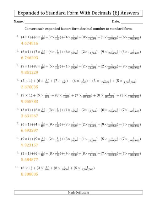 The Converting Expanded Factors Form Decimals Using Fractions to Standard Form (1-Digit Before the Decimal; 6-Digits After the Decimal) (E) Math Worksheet Page 2