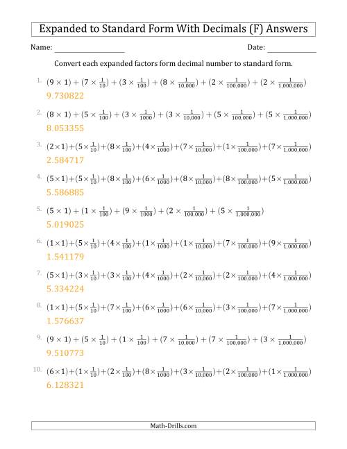 The Converting Expanded Factors Form Decimals Using Fractions to Standard Form (1-Digit Before the Decimal; 6-Digits After the Decimal) (F) Math Worksheet Page 2
