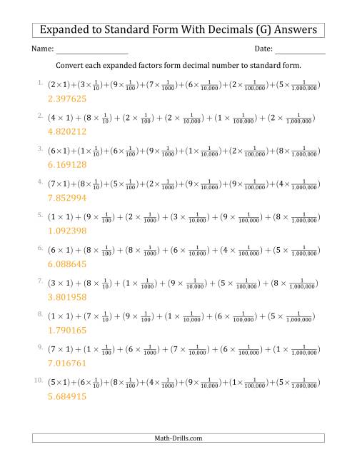 The Converting Expanded Factors Form Decimals Using Fractions to Standard Form (1-Digit Before the Decimal; 6-Digits After the Decimal) (G) Math Worksheet Page 2