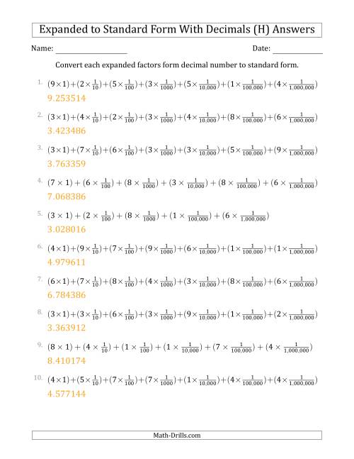 The Converting Expanded Factors Form Decimals Using Fractions to Standard Form (1-Digit Before the Decimal; 6-Digits After the Decimal) (H) Math Worksheet Page 2