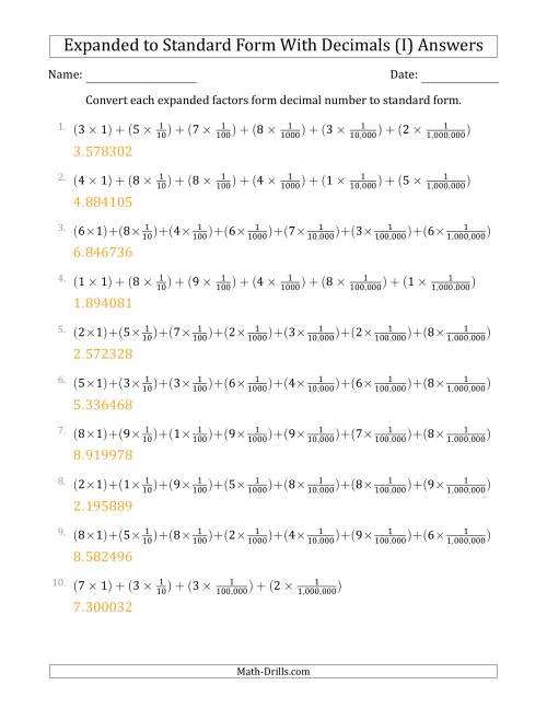 The Converting Expanded Factors Form Decimals Using Fractions to Standard Form (1-Digit Before the Decimal; 6-Digits After the Decimal) (I) Math Worksheet Page 2