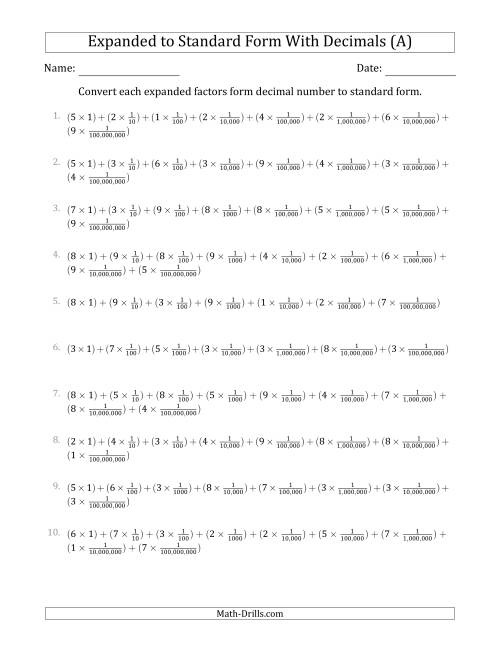 The Converting Expanded Factors Form Decimals Using Fractions to Standard Form (1-Digit Before the Decimal; 8-Digits After the Decimal) (A) Math Worksheet