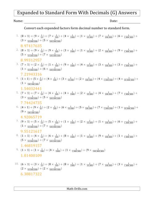 The Converting Expanded Factors Form Decimals Using Fractions to Standard Form (1-Digit Before the Decimal; 8-Digits After the Decimal) (G) Math Worksheet Page 2