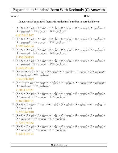 The Converting Expanded Factors Form Decimals Using Fractions to Standard Form (1-Digit Before the Decimal; 9-Digits After the Decimal) (G) Math Worksheet Page 2