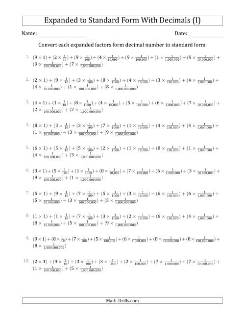 The Converting Expanded Factors Form Decimals Using Fractions to Standard Form (1-Digit Before the Decimal; 9-Digits After the Decimal) (I) Math Worksheet
