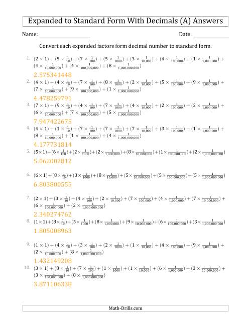 The Converting Expanded Factors Form Decimals Using Fractions to Standard Form (1-Digit Before the Decimal; 9-Digits After the Decimal) (All) Math Worksheet Page 2