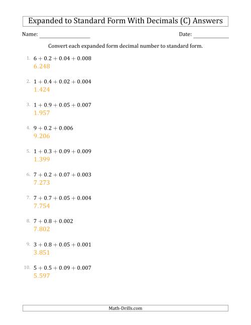 The Converting Expanded Form Decimals Using Decimals to Standard Form (1-Digit Before the Decimal; 3-Digits After the Decimal) (C) Math Worksheet Page 2