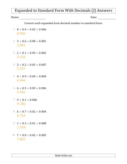 The Converting Expanded Form Decimals Using Decimals to Standard Form (1-Digit Before the Decimal; 3-Digits After the Decimal) (J) Math Worksheet Page 2