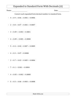Converting Expanded Form Decimals Using Decimals to Standard Form (1-Digit Before the Decimal; 4-Digits After the Decimal)