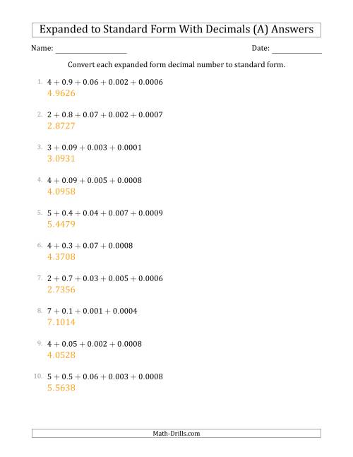The Converting Expanded Form Decimals Using Decimals to Standard Form (1-Digit Before the Decimal; 4-Digits After the Decimal) (A) Math Worksheet Page 2