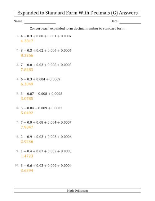 The Converting Expanded Form Decimals Using Decimals to Standard Form (1-Digit Before the Decimal; 4-Digits After the Decimal) (G) Math Worksheet Page 2