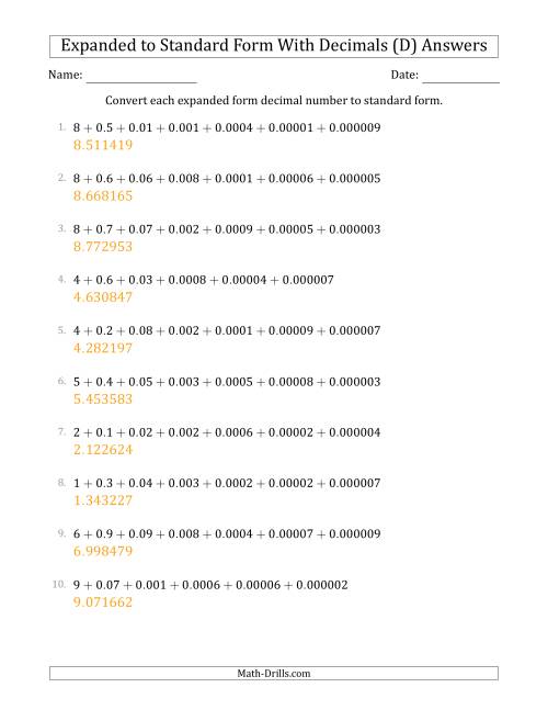 The Converting Expanded Form Decimals Using Decimals to Standard Form (1-Digit Before the Decimal; 6-Digits After the Decimal) (D) Math Worksheet Page 2