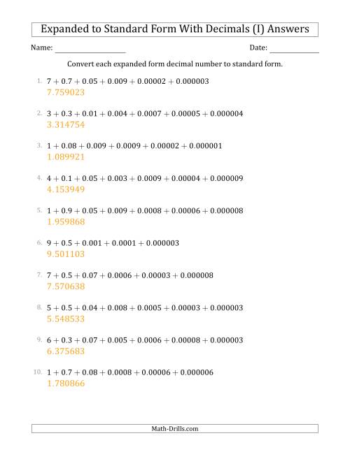 The Converting Expanded Form Decimals Using Decimals to Standard Form (1-Digit Before the Decimal; 6-Digits After the Decimal) (I) Math Worksheet Page 2