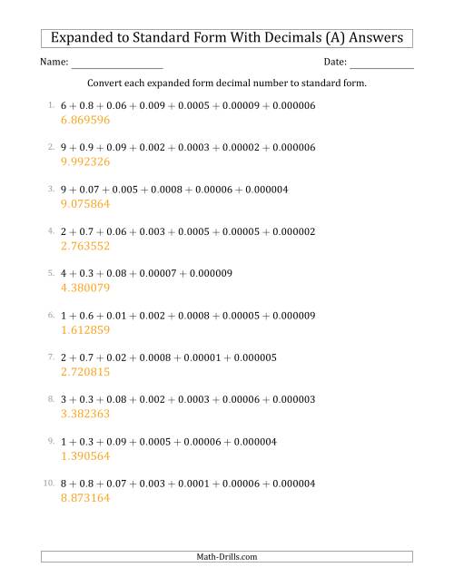 The Converting Expanded Form Decimals Using Decimals to Standard Form (1-Digit Before the Decimal; 6-Digits After the Decimal) (All) Math Worksheet Page 2