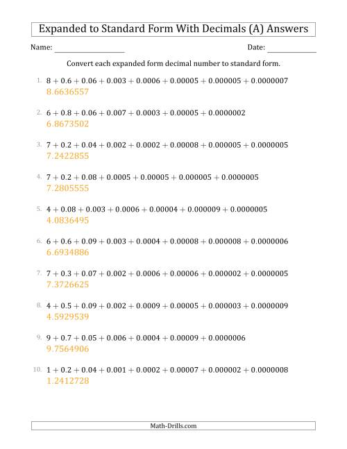The Converting Expanded Form Decimals Using Decimals to Standard Form (1-Digit Before the Decimal; 7-Digits After the Decimal) (A) Math Worksheet Page 2