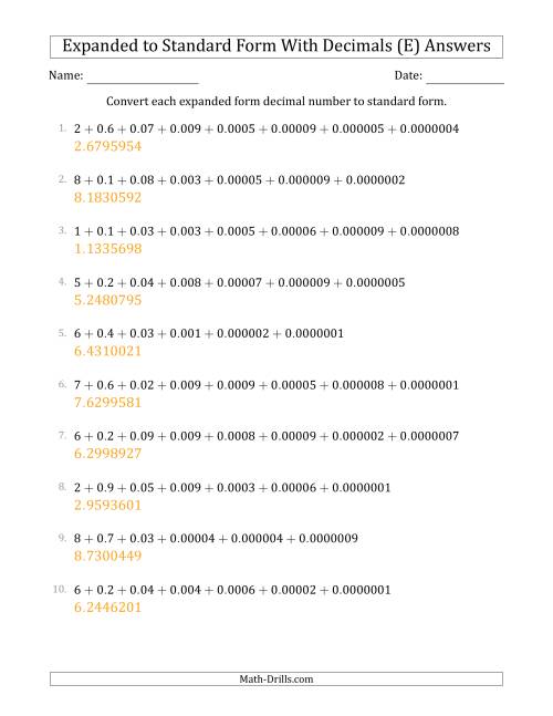 The Converting Expanded Form Decimals Using Decimals to Standard Form (1-Digit Before the Decimal; 7-Digits After the Decimal) (E) Math Worksheet Page 2