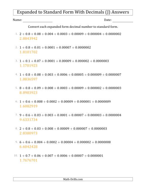 The Converting Expanded Form Decimals Using Decimals to Standard Form (1-Digit Before the Decimal; 7-Digits After the Decimal) (J) Math Worksheet Page 2