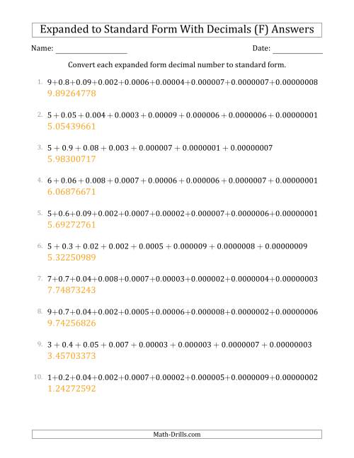 The Converting Expanded Form Decimals Using Decimals to Standard Form (1-Digit Before the Decimal; 8-Digits After the Decimal) (F) Math Worksheet Page 2