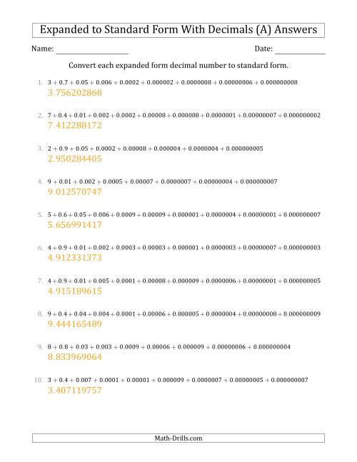 The Converting Expanded Form Decimals Using Decimals to Standard Form (1-Digit Before the Decimal; 9-Digits After the Decimal) (A) Math Worksheet Page 2