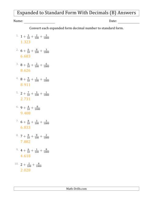 The Converting Expanded Form Decimals Using Fractions to Standard Form (1-Digit Before the Decimal; 3-Digits After the Decimal) (B) Math Worksheet Page 2