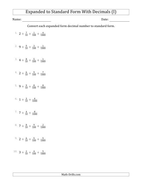 The Converting Expanded Form Decimals Using Fractions to Standard Form (1-Digit Before the Decimal; 3-Digits After the Decimal) (I) Math Worksheet