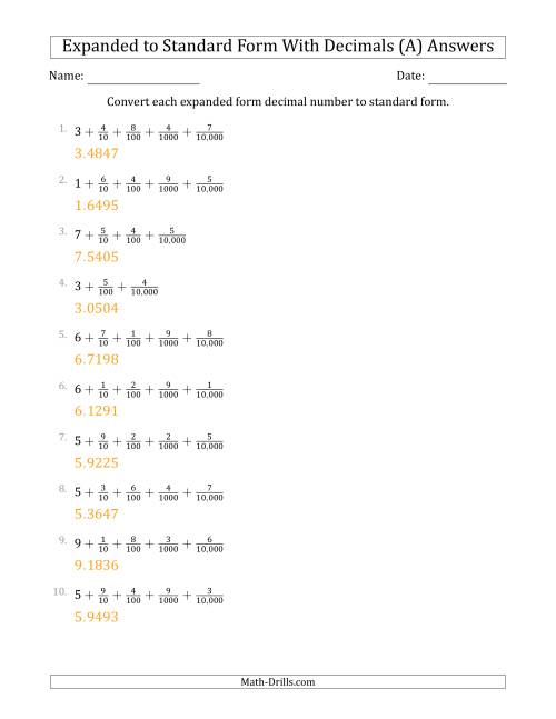 The Converting Expanded Form Decimals Using Fractions to Standard Form (1-Digit Before the Decimal; 4-Digits After the Decimal) (A) Math Worksheet Page 2