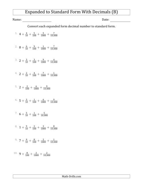 The Converting Expanded Form Decimals Using Fractions to Standard Form (1-Digit Before the Decimal; 4-Digits After the Decimal) (B) Math Worksheet