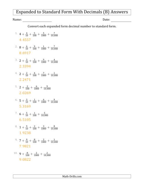The Converting Expanded Form Decimals Using Fractions to Standard Form (1-Digit Before the Decimal; 4-Digits After the Decimal) (B) Math Worksheet Page 2