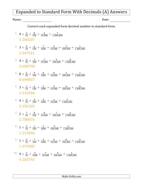 The Converting Expanded Form Decimals Using Fractions to Standard Form (1-Digit Before the Decimal; 6-Digits After the Decimal) (A) Math Worksheet Page 2