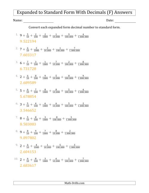 The Converting Expanded Form Decimals Using Fractions to Standard Form (1-Digit Before the Decimal; 6-Digits After the Decimal) (F) Math Worksheet Page 2