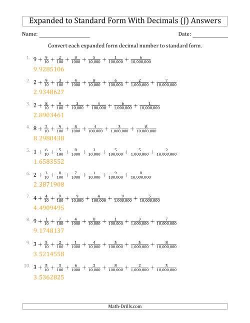 The Converting Expanded Form Decimals Using Fractions to Standard Form (1-Digit Before the Decimal; 7-Digits After the Decimal) (J) Math Worksheet Page 2
