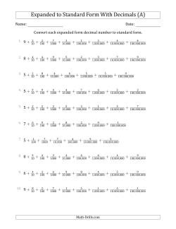 Converting Expanded Form Decimals Using Fractions to Standard Form (1-Digit Before the Decimal; 8-Digits After the Decimal)