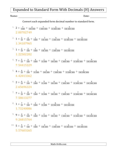 The Converting Expanded Form Decimals Using Fractions to Standard Form (1-Digit Before the Decimal; 8-Digits After the Decimal) (H) Math Worksheet Page 2