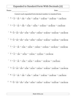 Converting Expanded Form Decimals Using Fractions to Standard Form (1-Digit Before the Decimal; 9-Digits After the Decimal)