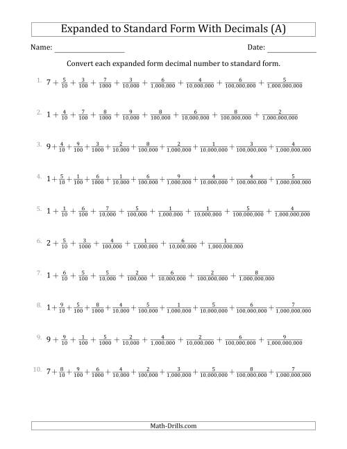 The Converting Expanded Form Decimals Using Fractions to Standard Form (1-Digit Before the Decimal; 9-Digits After the Decimal) (A) Math Worksheet
