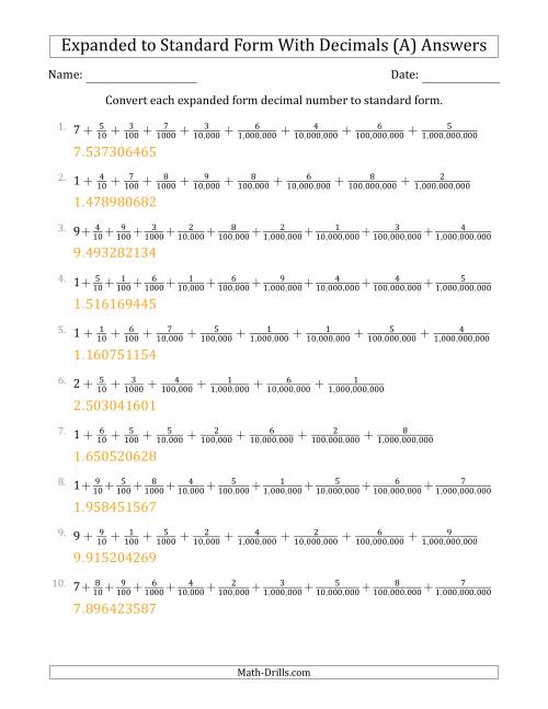 The Converting Expanded Form Decimals Using Fractions to Standard Form (1-Digit Before the Decimal; 9-Digits After the Decimal) (A) Math Worksheet Page 2