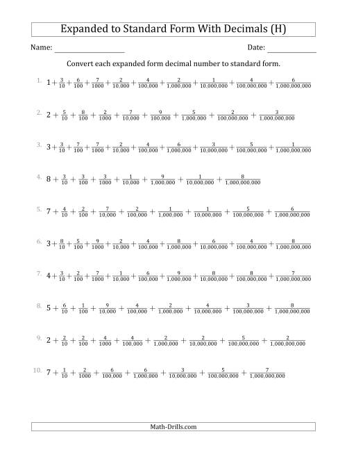 The Converting Expanded Form Decimals Using Fractions to Standard Form (1-Digit Before the Decimal; 9-Digits After the Decimal) (H) Math Worksheet