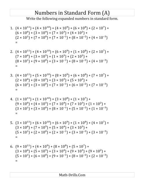 The Convert from Expanded to Standard Form (12 digits before decimal; 3 digits after) (A) Math Worksheet