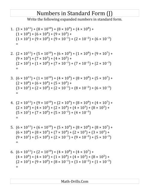 The Convert from Expanded to Standard Form (12 digits before decimal; 3 digits after) (J) Math Worksheet
