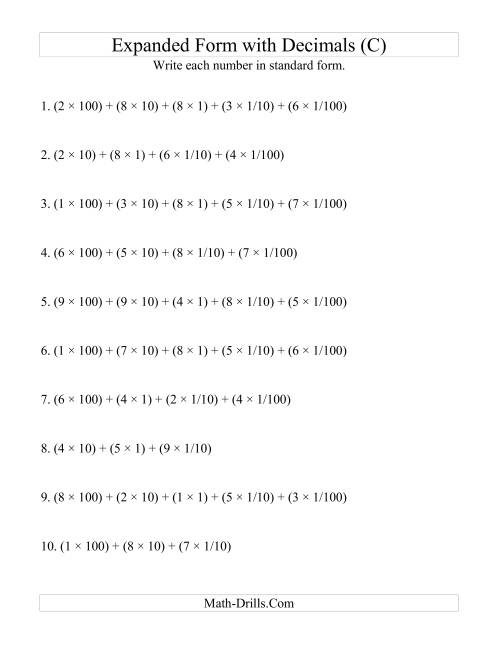 The Convert from Expanded to Standard From (3 digits before decimal; 2 digits after) (C) Math Worksheet