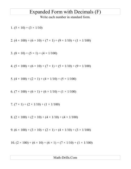 The Convert from Expanded to Standard From (3 digits before decimal; 2 digits after) (F) Math Worksheet