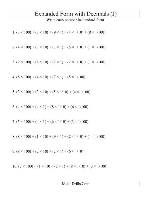 The Convert from Expanded to Standard From (3 digits before decimal; 2 digits after) (J) Math Worksheet