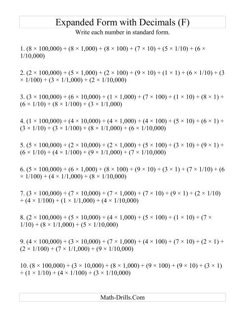 The Convert from Expanded to Standard From (6 digits before decimal; 4 digits after) (F) Math Worksheet