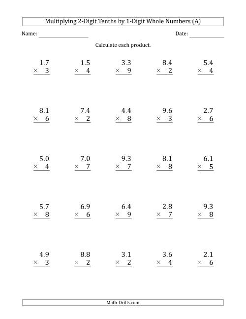The Multiplying 2-Digit Tenths by 1-Digit Whole Numbers (A) Math Worksheet